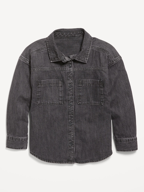 Oversized Pocket Jean Top for Girls - Black