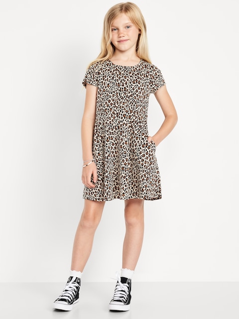Printed Short-Sleeve Fit and Flare Dress for Girls - Animal Print