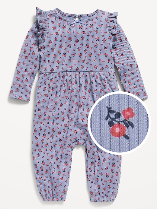 Image number 1 showing, Long-Sleeve Ruffle-Trim Ribbed Jumpsuit for Baby
