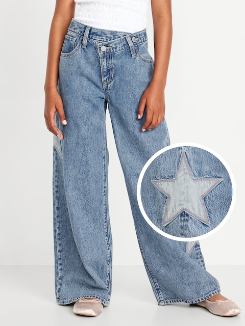 Jean brodé coupe très généreuse à ceinture croisée et à jambe large pour fille - Bleu