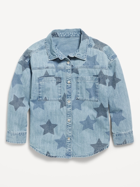 Printed Oversized Pocket Jean Top for Girls - Blue