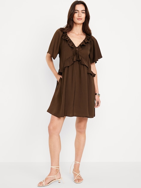 Satin Ruffle Mini Dress - Brown