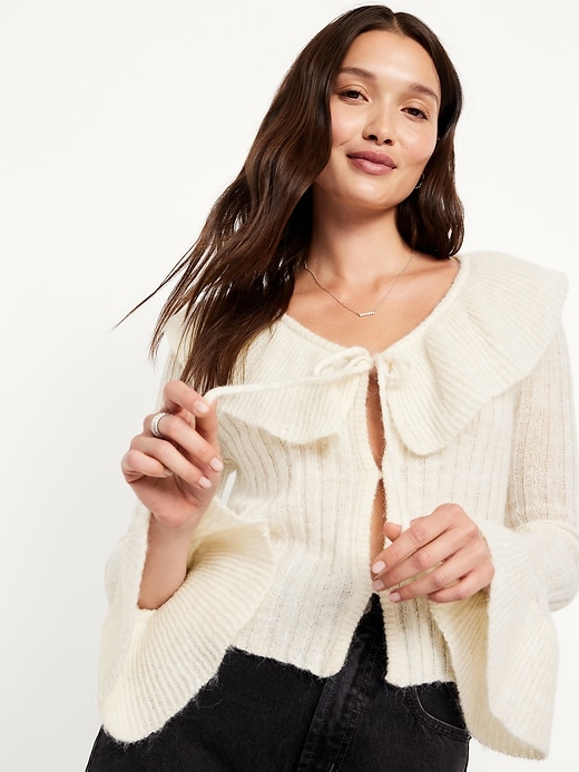 Image number 3 showing, Wool-Blend Ruffle Tie-Front Cropped Cardigan