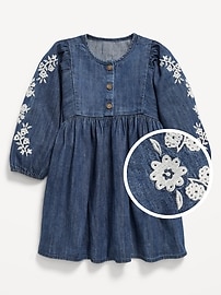 Image number 2 showing, Long-Sleeve Embroidered Jean Dress for Toddler Girls