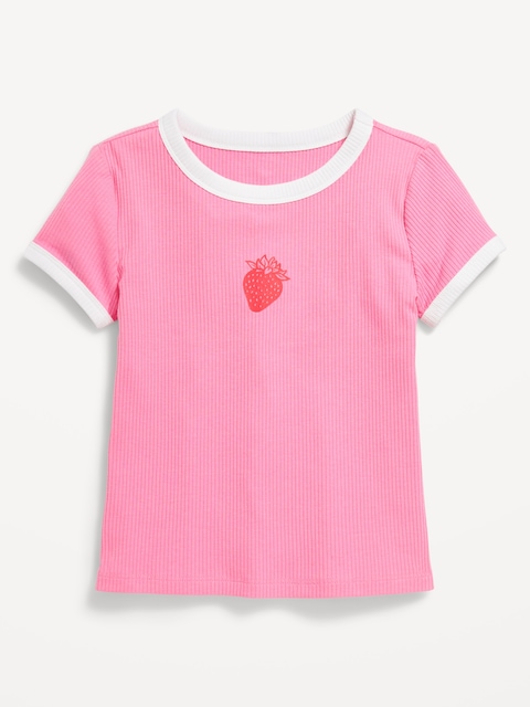 Fitted Short-Sleeve Ribbed Graphic Ringer T-Shirt for Girls - Rose Claret
