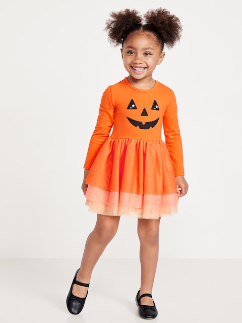 Robe tutu ajustée et évasée à manches longues pour toute-petite fille - Orange