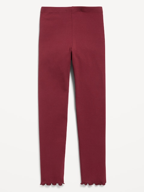 High-Waisted Lettuce Edge Rib-Knit Leggings for Girls - Red