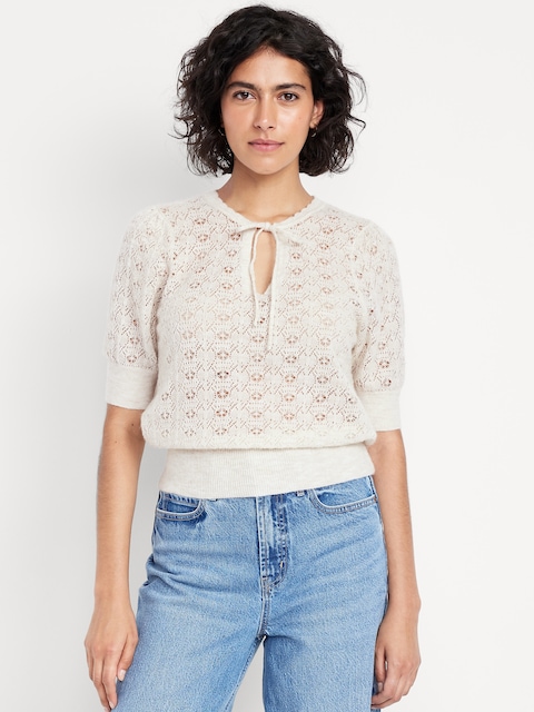 Chandail à encolure nouée à manches bouffantes en mélange de laine