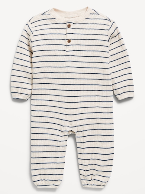 Printed Waffle-Knit Henley One-Piece for Baby - Oatmeal Stripe