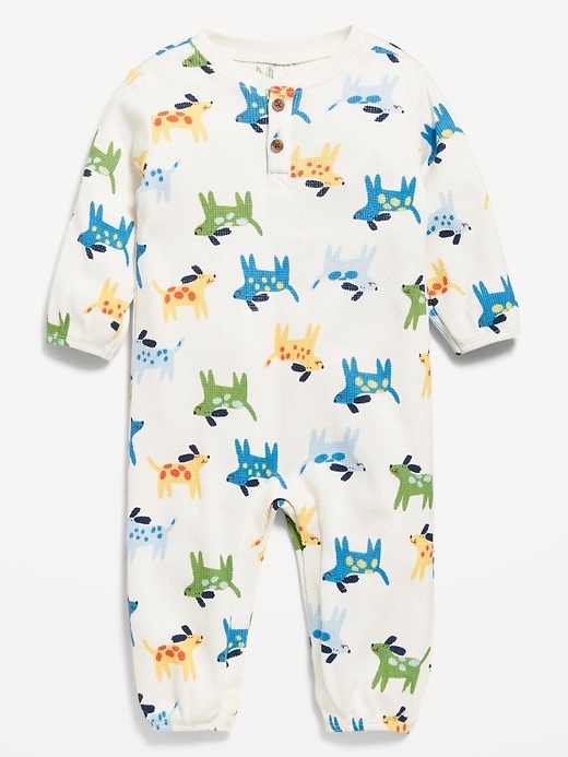View large product image 1 of 2. Printed Waffle-Knit Henley One-Piece for Baby