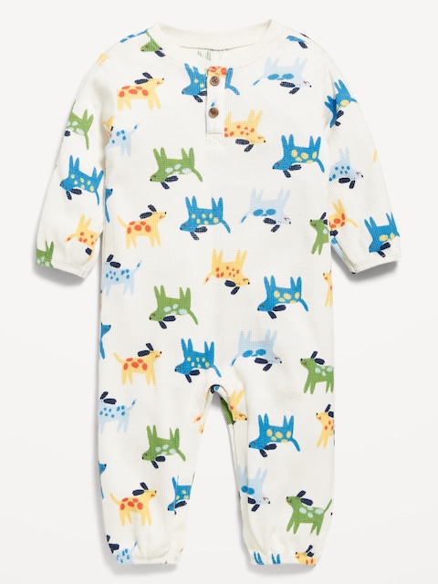 Printed Waffle-Knit Henley One-Piece for Baby