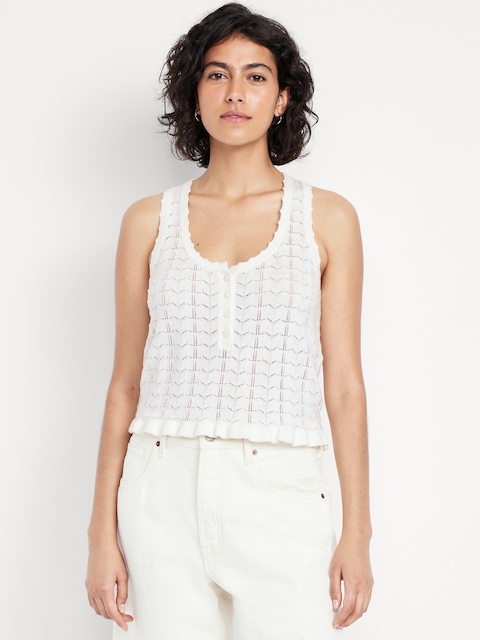 Sleeveless Pointelle Henley Top - White