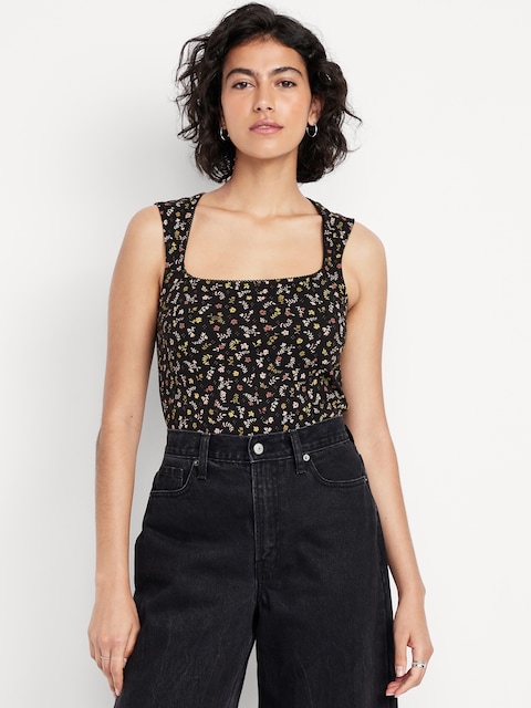 Trapeze-Neck Floral Top - Black Floral