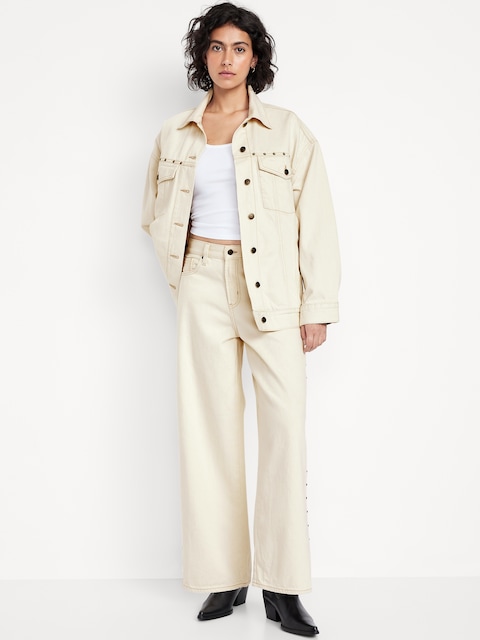 High-Waisted Baggy Wide-Leg Studded Jeans - Beige