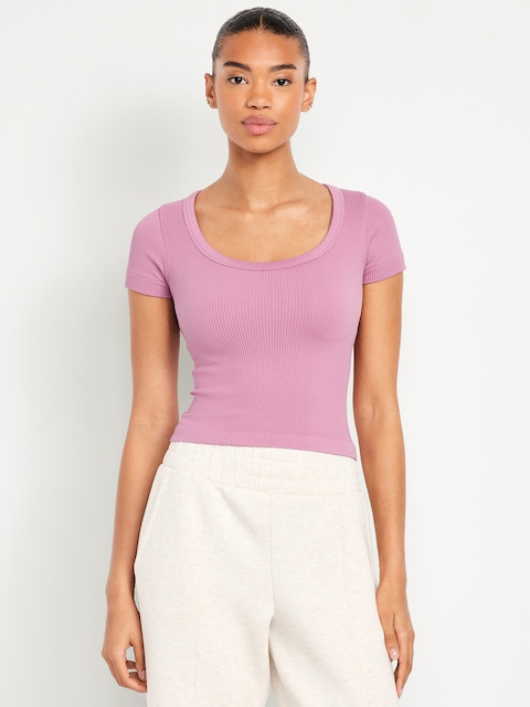 T-shirt court côtelé Zénitude sans coutures - Rose