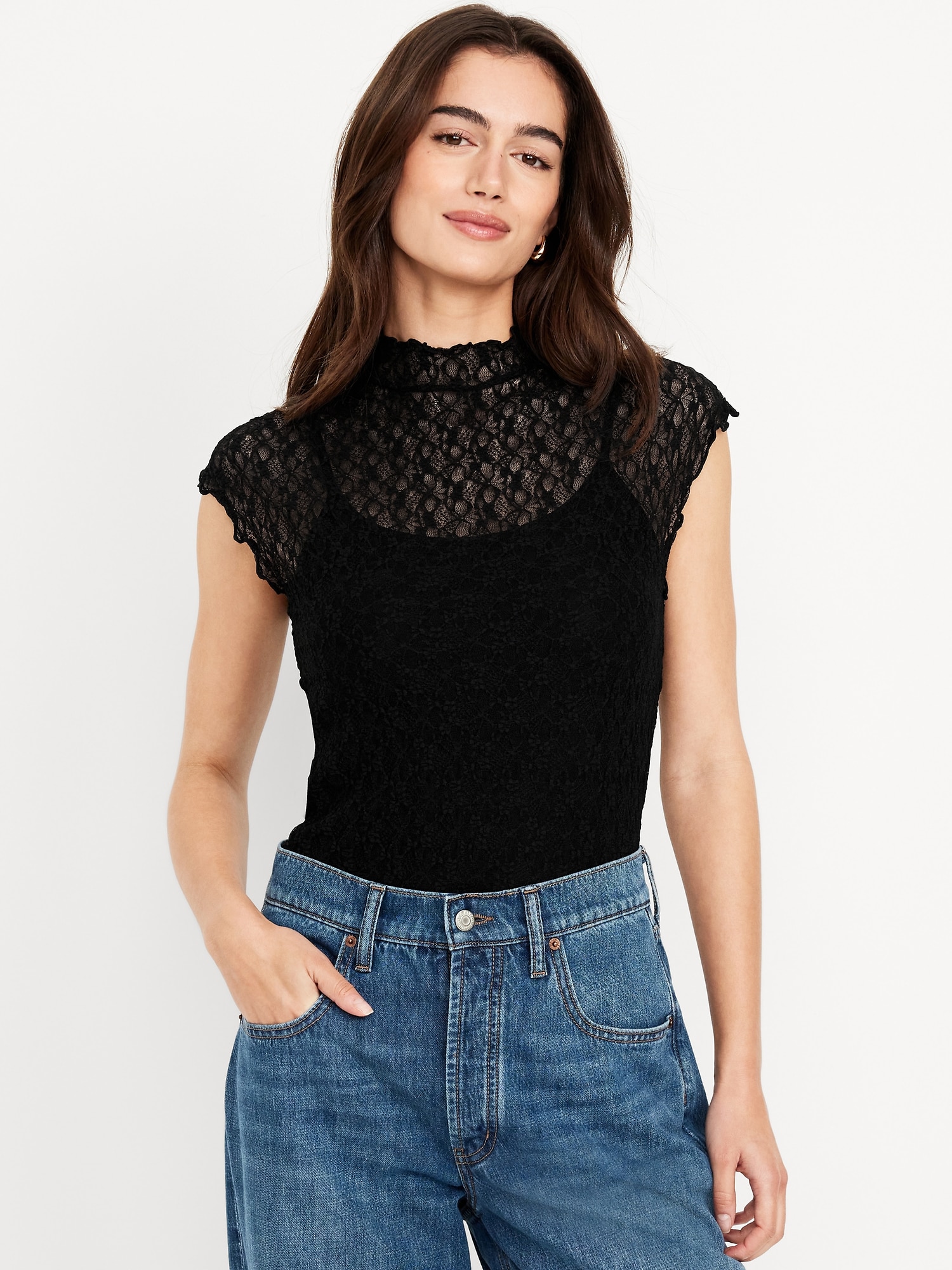 Mock-Neck Lace Top