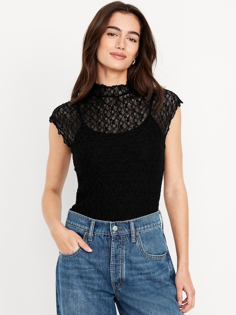 Mock-Neck Lace Top