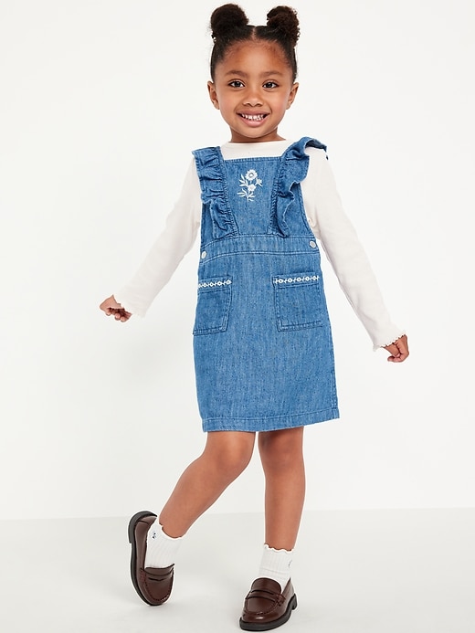 Voir une image plus grande du produit 1 de 2. Ensemble robe en denim brodée et t-shirt côtelé à manches longues pour toute-petite fille