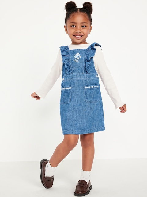 Ensemble robe en denim brodée et t-shirt côtelé à manches longues pour toute-petite fille - Bleu