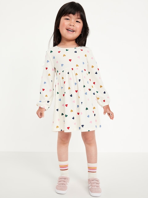 Printed Long-Sleeve Ribbed Dress for Toddler Girls - Cream Multi Hearts