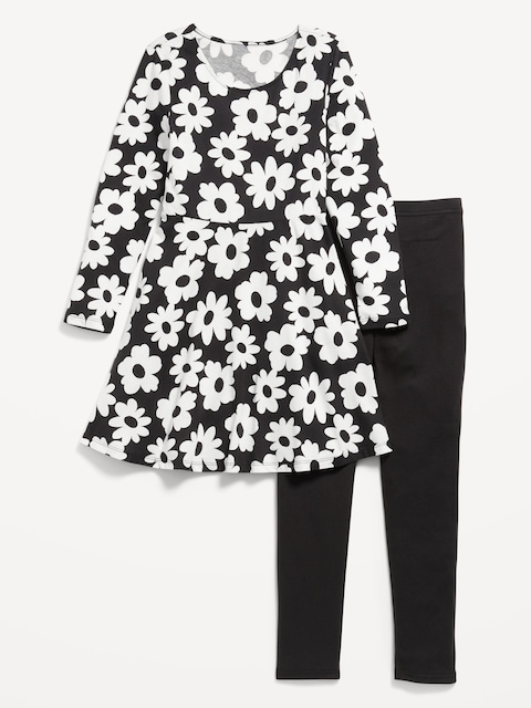 Ensemble avec robe ajustée et évasée à manches longues et legging pour fille - Noir À Motif Floral