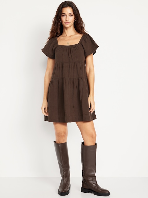 Tiered Mini Swing Dress - Brown