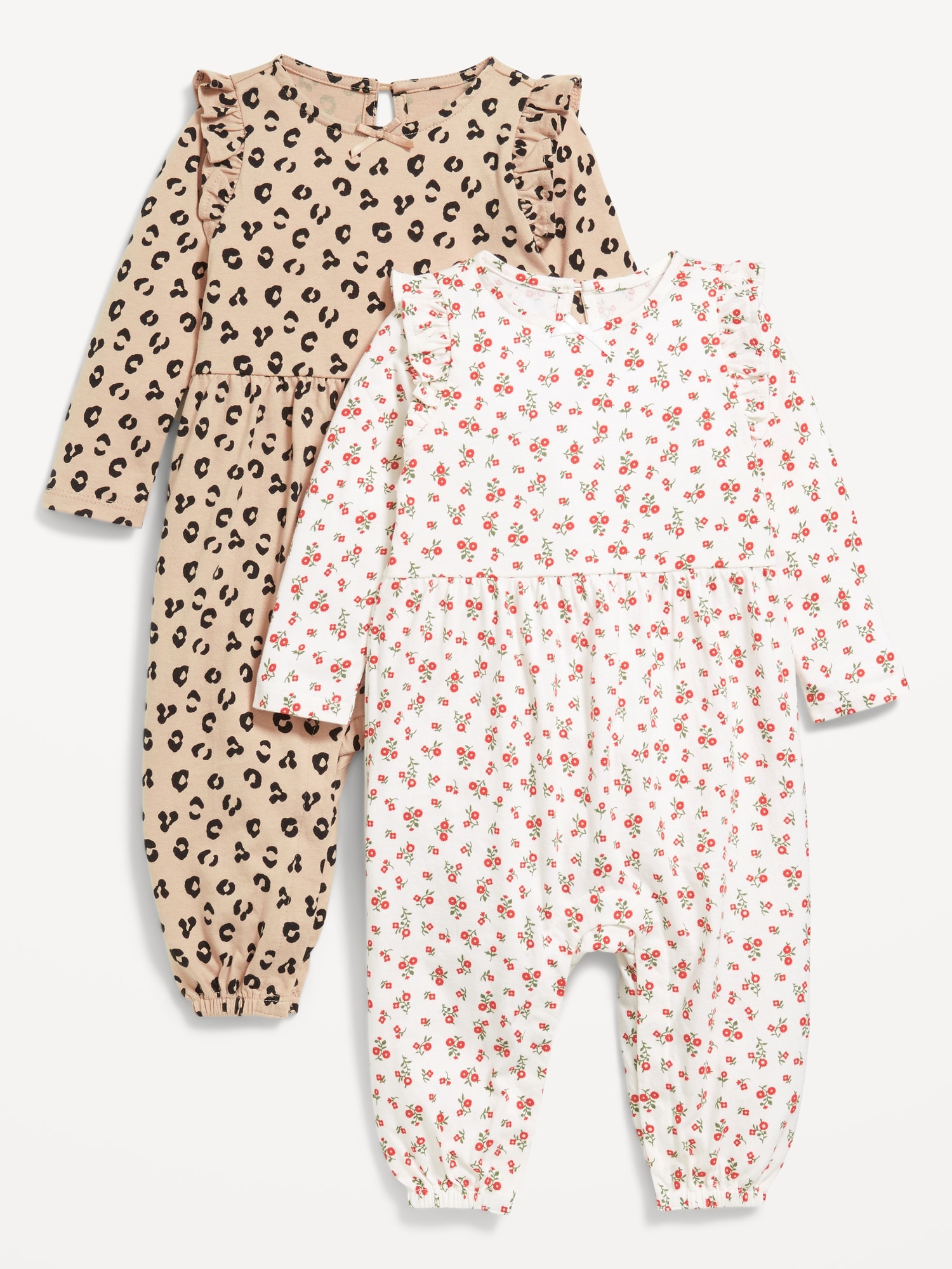 Printed Long-Sleeve Ruffle-Trim One-Piece 2-Pack for Baby