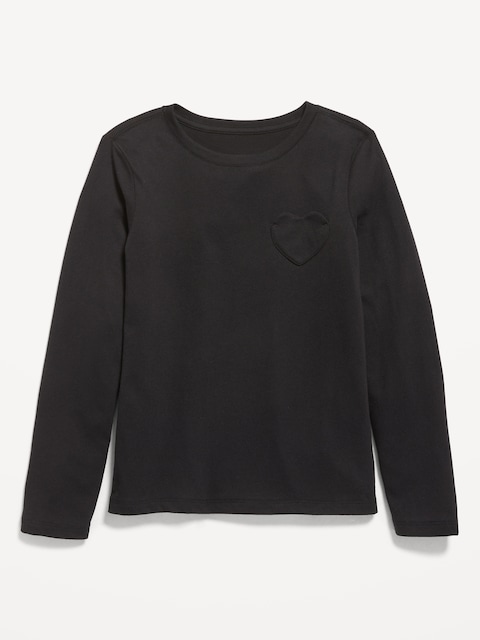 T-shirt ultra-doux à poche en cœur et à manches longues pour Fille - Noir De Jais
