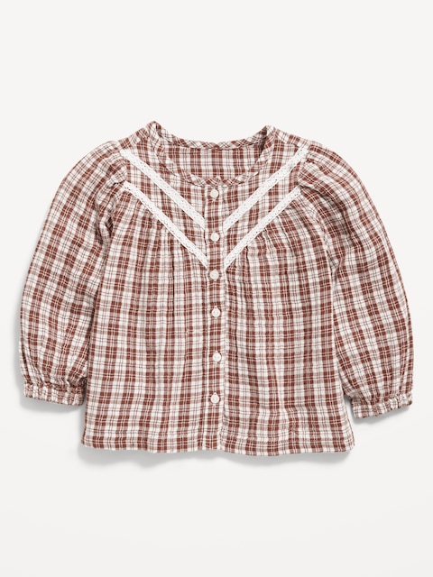 Printed Long-Sleeve Double-Weave Button-Front Top for Toddler Girls