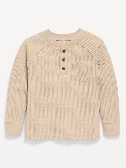T-shirt henley à poche en tricot gaufré à manches longues pour tout-petit garçon - Beige Crémeux