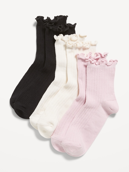 Image number 1 showing, Ruffle-Cuff Quarter-Crew Socks 3-Pack for Girls