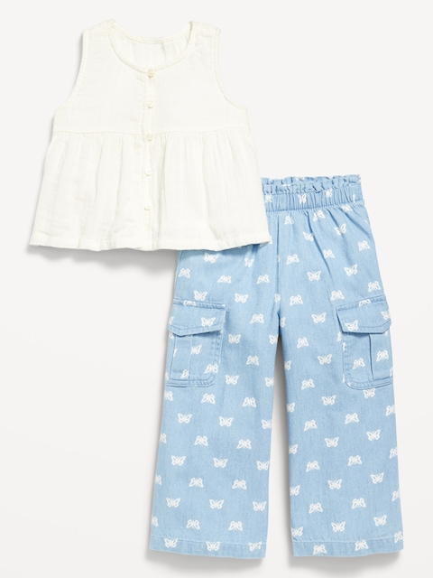 Ensemble pantalon cargo et haut boutonné devant sans manches pour toute-petite fille