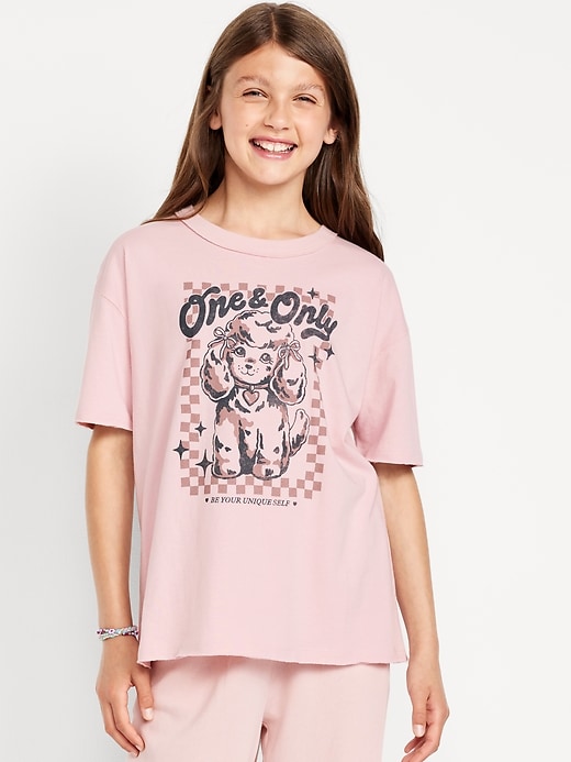 View large product image 1 of 2. Oversized Short-Sleeve Graphic Raw-Edge T-Shirt for Girls