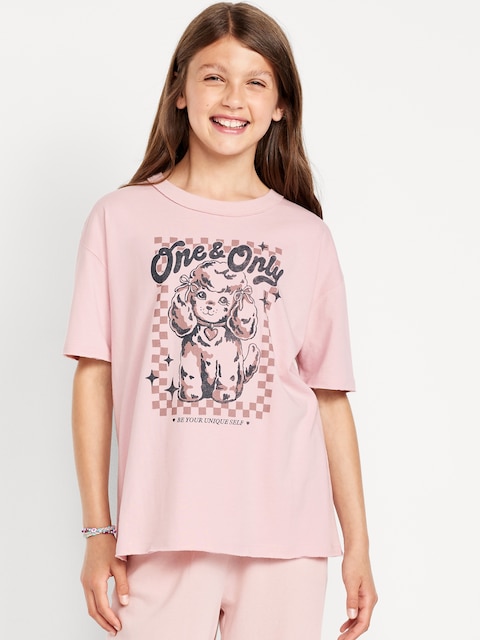 T-shirt surdimensionné à lisière brute et à manches courtes avec imprimé pour fille - Rose