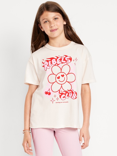 T-shirt surdimensionné à lisière brute et à manches courtes avec imprimé pour fille - Blanc