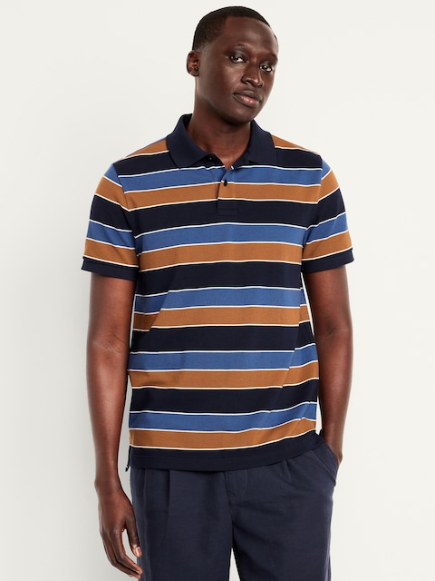 Classic Fit Striped Pique Polo - Blue