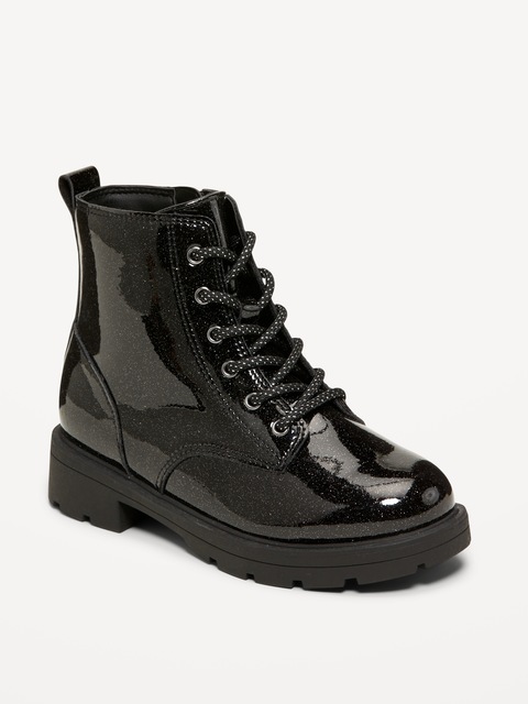 Shiny Glitter Faux-Leather Combat Boots for Girls - Black