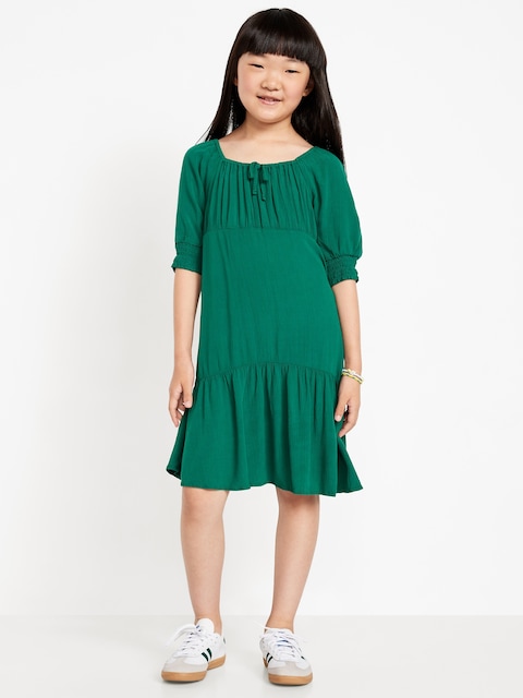 Short-Sleeve Crinkle Crepe Swing Dress for Girls - Green
