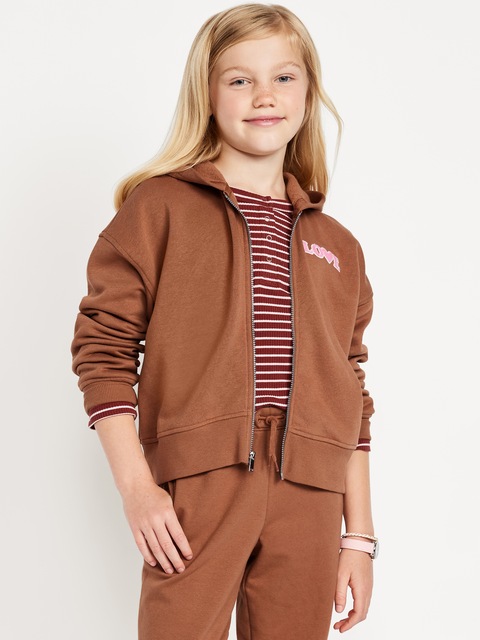 Favorite Fleece Printed Zip-Front Hoodie for Girls - Brown
