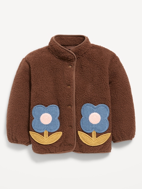 Sherpa Applique Pocket Jacket for Toddler Girls - Tannin Brown