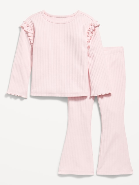 Long-Sleeve Ruffle-Shoulder Top and Flare Leggings Set for Toddler Girls