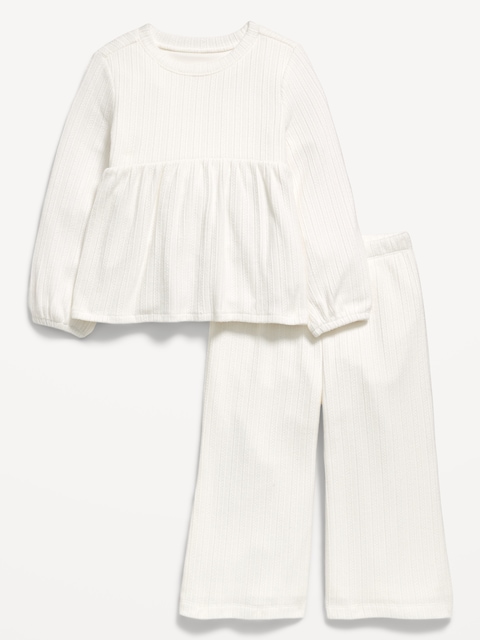 Long-Sleeve Sweater-Knit Peplum Top and Pants Set for Toddler Girls - Sea Salt
