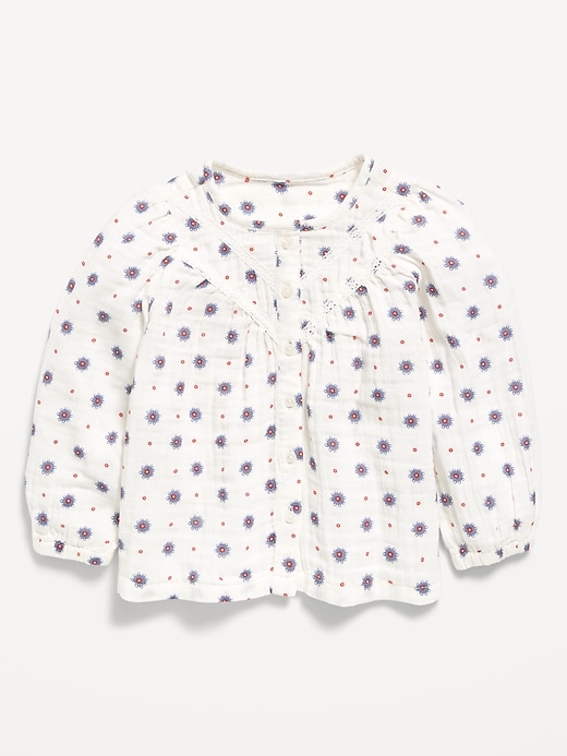 Voir une image plus grande du produit 1 de 1. Haut à manches longues à devant boutonné à tissage double à motif pour toute-petite fille