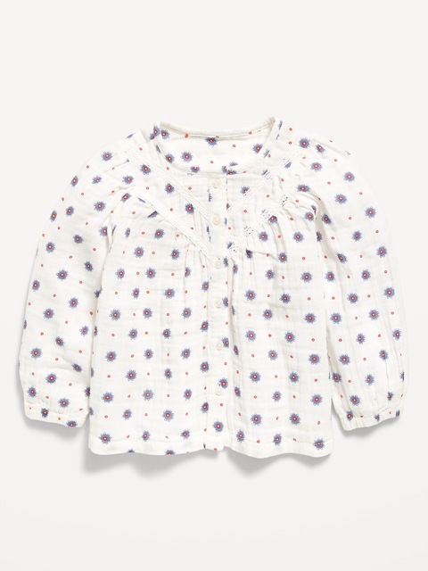 Haut à manches longues à devant boutonné à tissage double à motif pour toute-petite fille