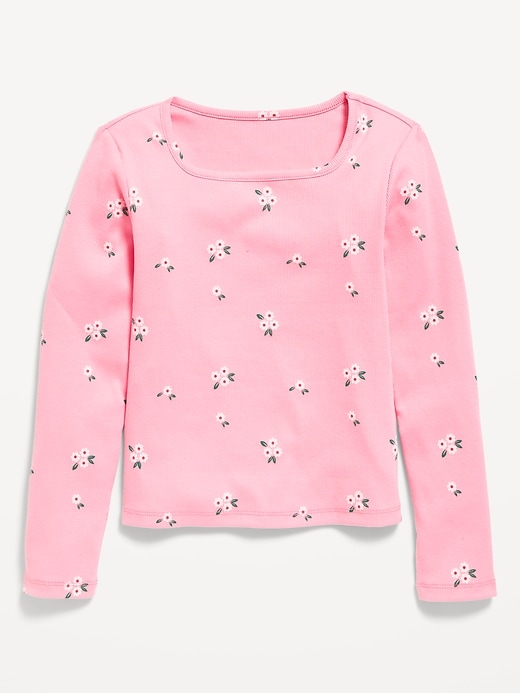 Image number 1 showing, Printed Fitted Long-Sleeve Ribbed Top for Girls