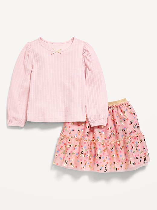 Image number 2 showing, Long-Sleeve Pointelle Top and Tutu Skirt Set for Toddler Girls