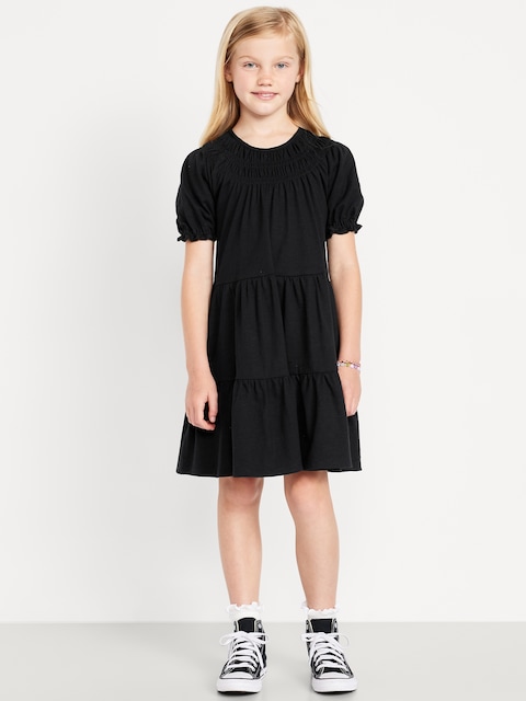 Short Puff-Sleeve Tiered Swing Dress for Girls - Black