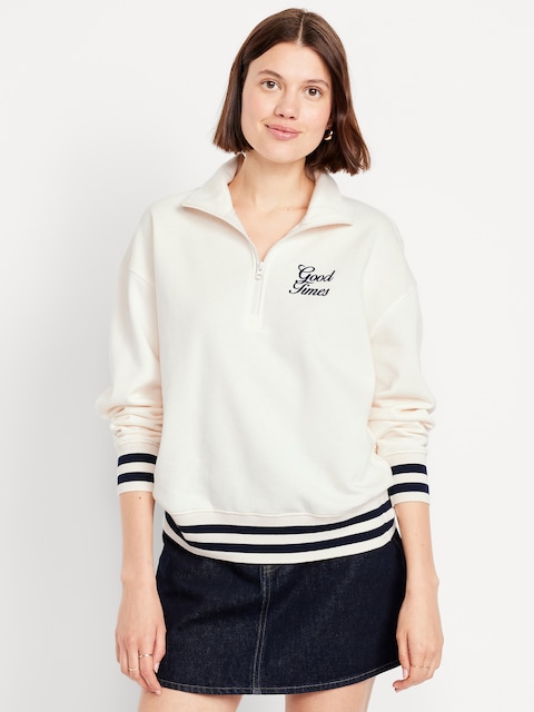 SoComfy Oversized Half-Zip Sweatshirt - Cream/Navy Stripe