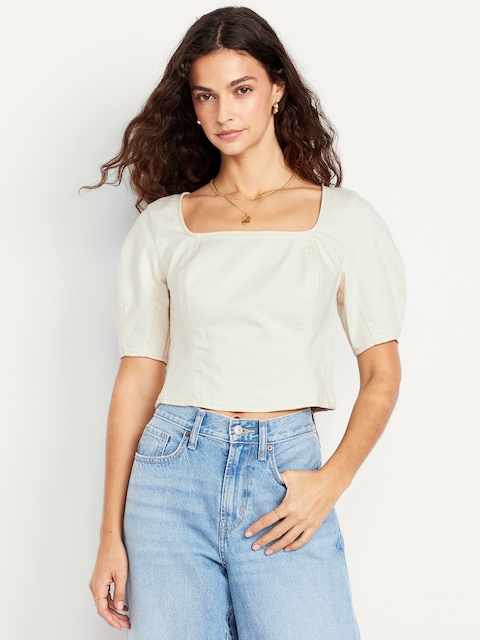 Square-Neck Seamed Denim Top - White