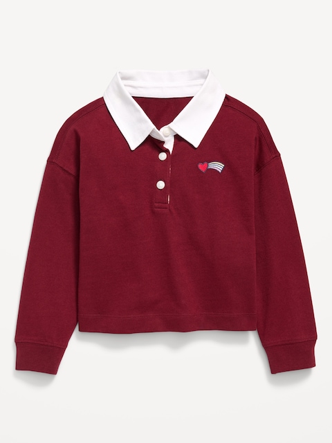 Long-Sleeve Cropped Polo Top for Toddler Girls - Cherry Red